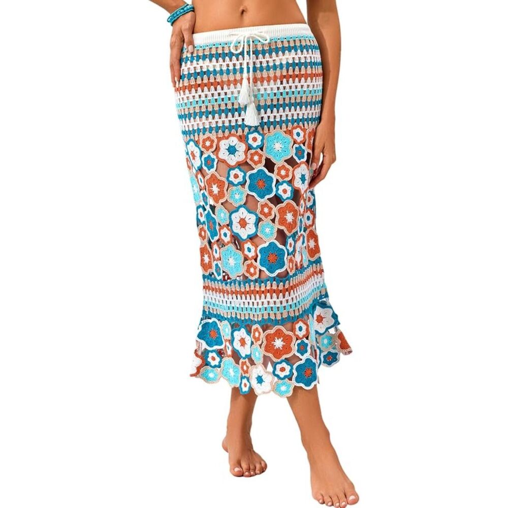 NWT Women's Crochet Beach Cover Up Maxi Skirt XL Beach Coastal Resortwear Boho